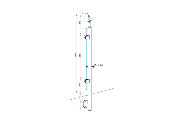 Edelstahl Geländerpfosten links Ø42,4 Bauhöhe 1000mm mit 2x Glasklemmen 63x45mm vorgesetzt Geländer V2A